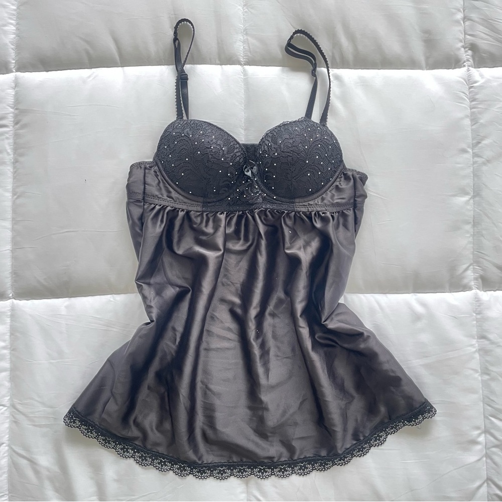 Black Rhinestone Lace Trimmed Chemise Night Dress